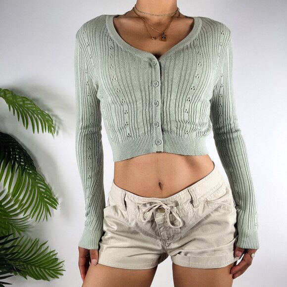 Love Tree Sage Green Cottagecore Coastal Knit Cropped Cardigan Sweater / Large - Picture 2 of 7